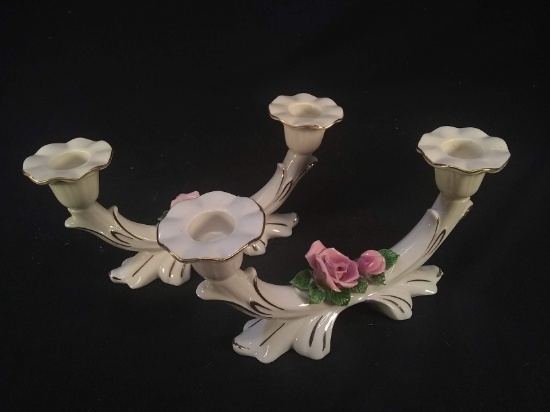 Pair Antique Porcelain Dresden Double Arm Candlesticks with Rose Motif