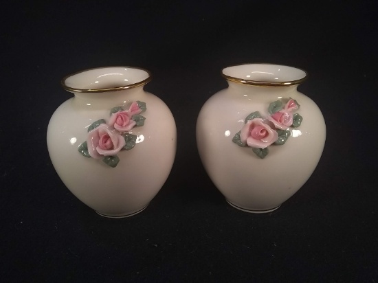 Pair Antique Porcelain Dresden Miniature Vases with Rose Motif