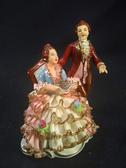 Antique Porcelain Dresden Figurine-Man and Woman with Lace Details