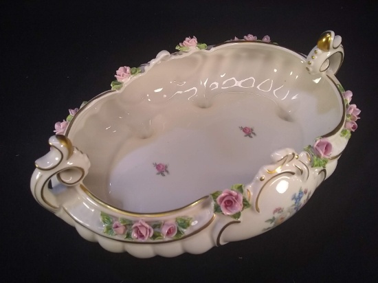 Antique Porcelain Dresden Oval Footed Bowl with Rose Details