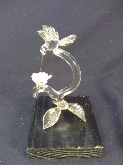Hand Blown Artisan Glass Hummingbird and Rose Figure