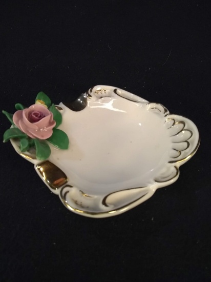 Antique Porcelain Dresden Trinket Dish with Rose Accents