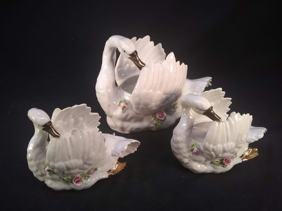 Set 3 Antique Porcelain Dresden Swan Figures