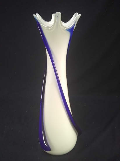 Studio Art Glass Hand Blown Vase with Cobalt Blue Swirl