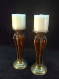 Pair Contemporary Metal and Amber Pillar Candlesticks