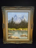 Framed Oil on Canvas with Vintage Frame-Mountain Stream-signed by artist illegible