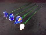 Collection 4 Hand Blown Glass Long Stem Decorative Flowers