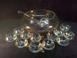 Antique Moderno Ground Rimmed Punch Bowl with 12 Punch Cups and Glass Ladle Made in Mexico with Orig