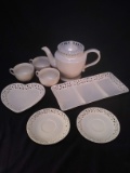Collection Bone Ivory Lace Edge Serving Tray with Cups and Saucer & Teapot