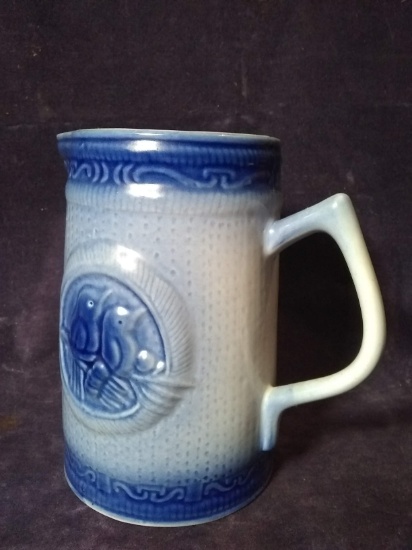 Antique Blue Salt Glaze Pitcher with Bird Design