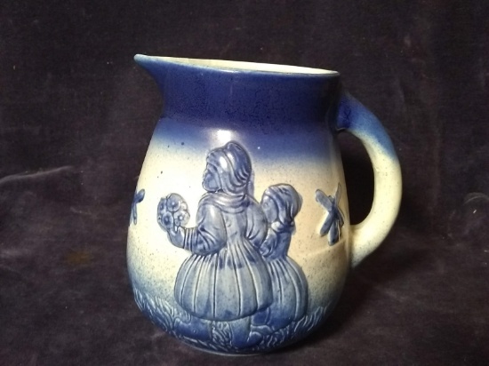 Antique Blue Salt Glaze Pitcher with Dutch Girl and Windmill Design