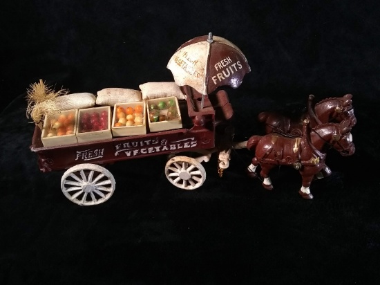 Cast Iron Toy- Vegetable Cart with Three Horse Team