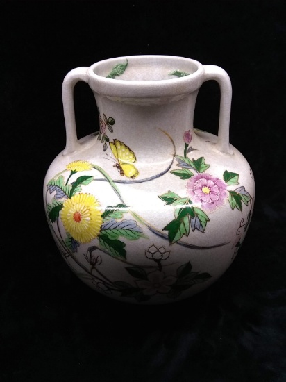 Contemporary Porcelain Double Handle Vase with Flower Motif