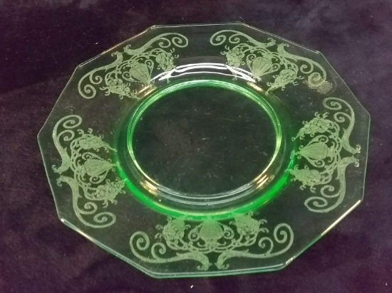 Vintage Green Depression Vaseline Plate-Peacock