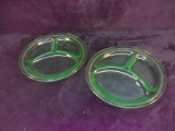 Pair Vintage Green Depression Vaseline Divided Plates