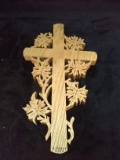 Hand Carved Wooden Cross with Leaves Signed C Haase 2010
