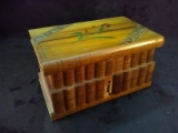 Vintage Wooden Jewelry Box with Book Motif and Reverse Painted Interior