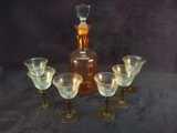 Antique Decanter Set with 6 Etched Glasses