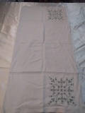 Vintage Linen Tablecloth Green Embroidery and Pull Work Blocks