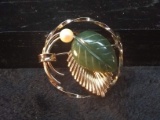 Antique Brooch-Jade Leaf and Faux Pearl