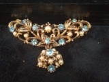 Antique Brooch-Blue and Rhinestone and Faux Pearl