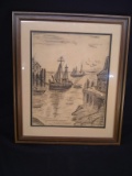 Framed and Matted Chalk-Boats in the Harbor by Jerry Jones
