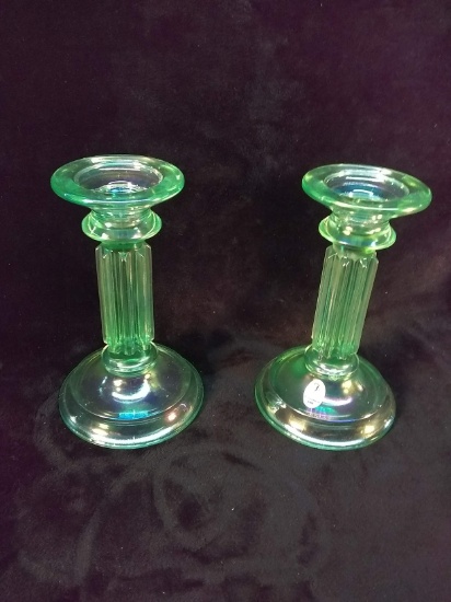 Pair Green Iridescent Fenton Candlesticks