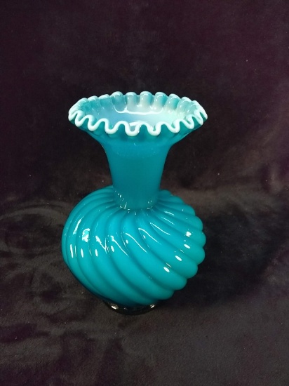 Vintage Blue Swirl Fenton Ruffled Edge Vase