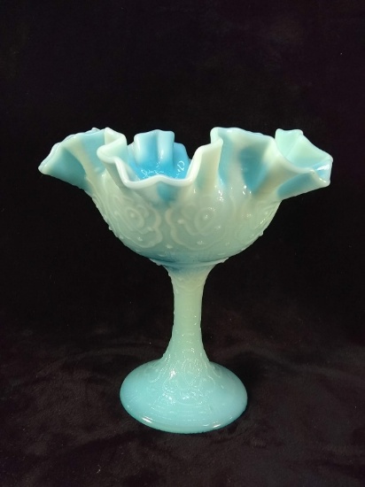 Vintage Blue Milk Glass Ruffled Edge Fenton Compote