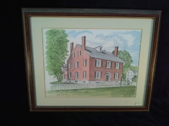 Framed and Matted Pencil Sketch Print with Hand Tinted Watercolors-The Trustees' Office Kentucky sig
