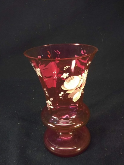 Fenton Cranberry Hand Decorated Vase