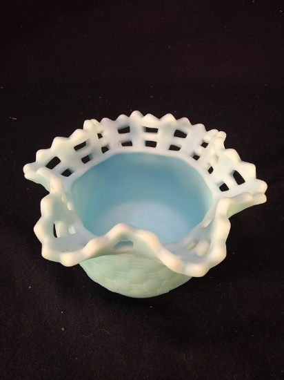 Fenton Blue Satin Reticulated Edge Bowl