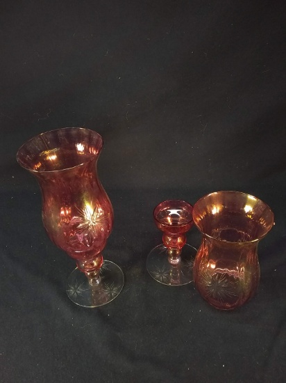 Pair Cranberry Etched Fenton Globe Candlesticks