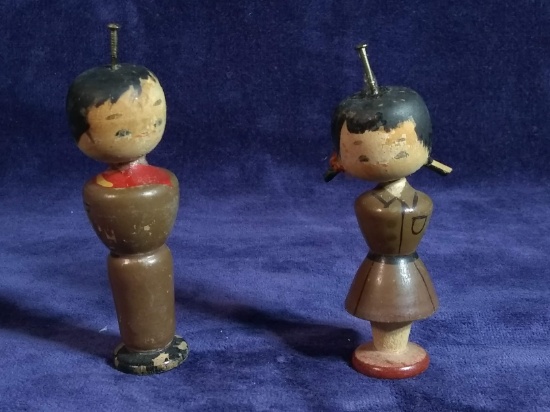 Pair Antique Oriental Bobble Head Figures (As Found)