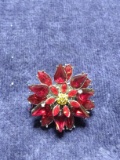 Vintage Red Rhinestone Flower Pin