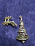 Enamelled and Gold tone Christmas Tree Pin and Reindeer Pin