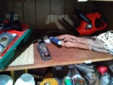 Cabinet Clean Out-Plumbers Snake, Wood Plane, Black and Decker Hedge Trimmer, Trowel, Nail Pouches,