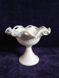 Antique Satin Milk Glass Compote with Reticulated Edge
