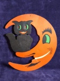 Antique Cardboard Halloween Cat and Moon Decoration