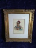 Framed and Matted Native American Print-Indian Chief with Bear Claw Necklace