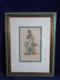 Antique Framed and Matted Print-Girl with Parrot