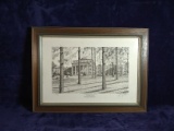 Framed Pencil Drawing of Flora MacDonald College 284/500 signed Jerry Miller