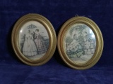 Pair Vintage Oval Bubble Glass Victorian Fashion Prints