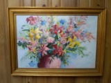 Framed Contemporary Oil on Board-Lilies signed Carol King-Pope