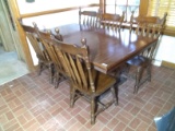 Vintage Pine Trestle Dining Table with 6 Arrowback Chairs and 2 Leaves