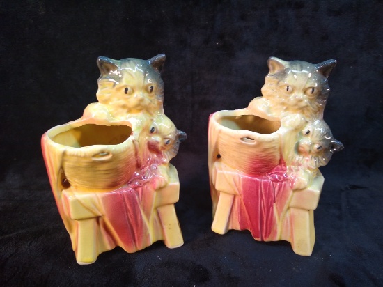 Pair Vintage Art Pottery Cat Planters