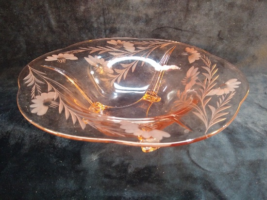 Antique Pink Depression Etched Footed bowl