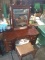 Antique Mahogany Knee Hole Vanity with Glass Top with Stool