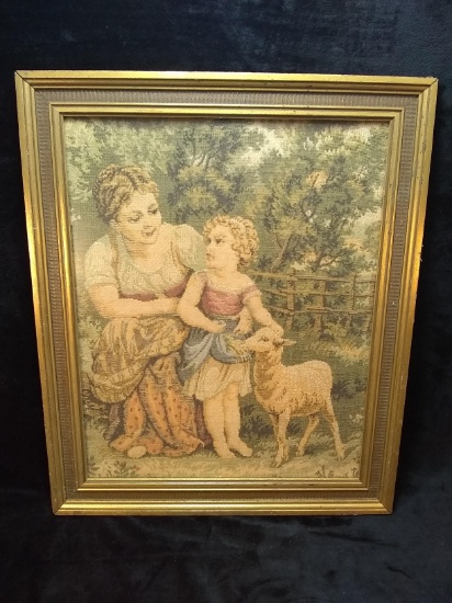 Framed Tapestry Mother Child and Sheep, 15x18"