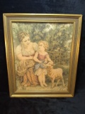 Framed Tapestry Mother Child and Sheep, 15x18